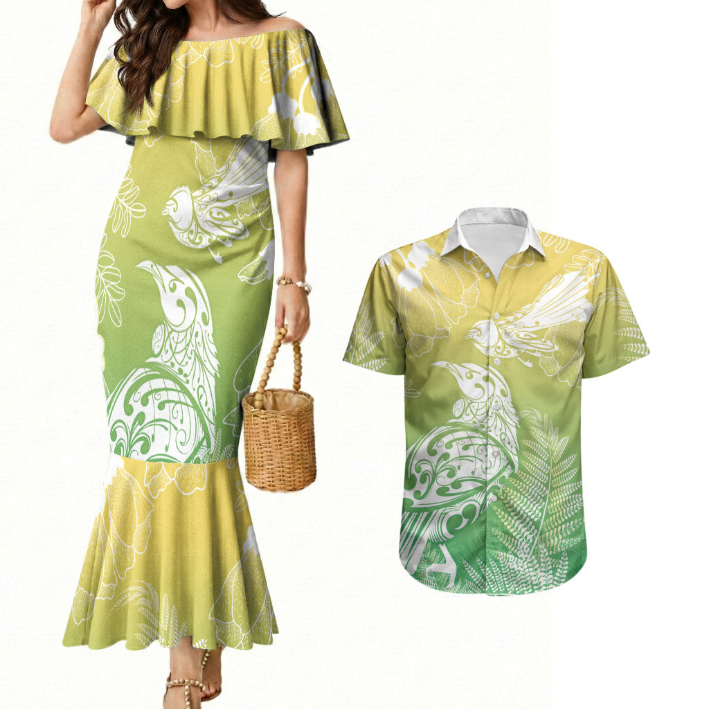 Aotearoa Maori Mahuru Tui With Pikawakawa Couples Matching Mermaid Dress and Hawaiian Shirt Spring Time LT7 Green - Polynesian Pride