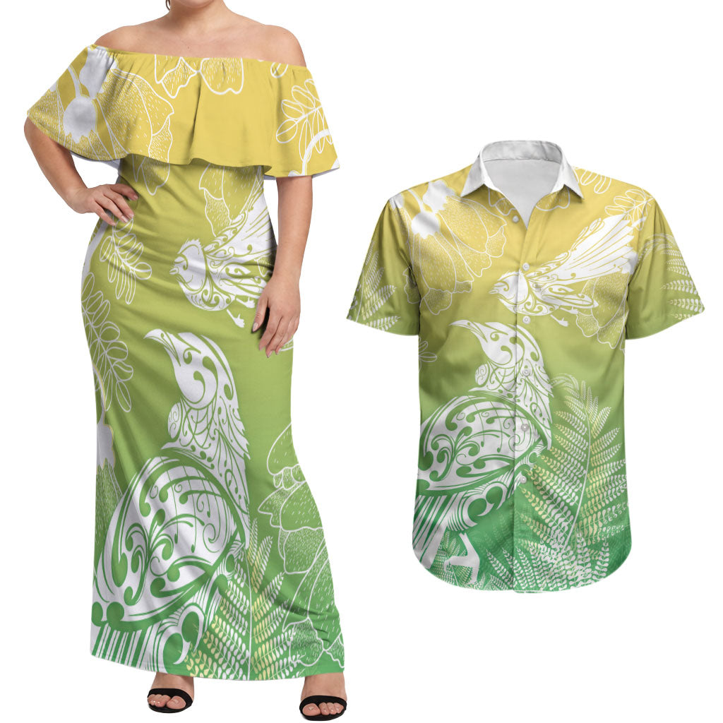 Aotearoa Maori Mahuru Tui With Pikawakawa Couples Matching Off Shoulder Maxi Dress and Hawaiian Shirt Spring Time LT7 Green - Polynesian Pride