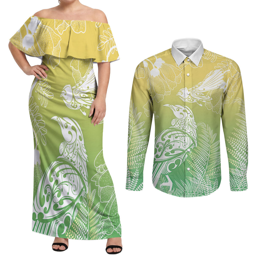 Aotearoa Maori Mahuru Tui With Pikawakawa Couples Matching Off Shoulder Maxi Dress and Long Sleeve Button Shirt Spring Time LT7 Green - Polynesian Pride