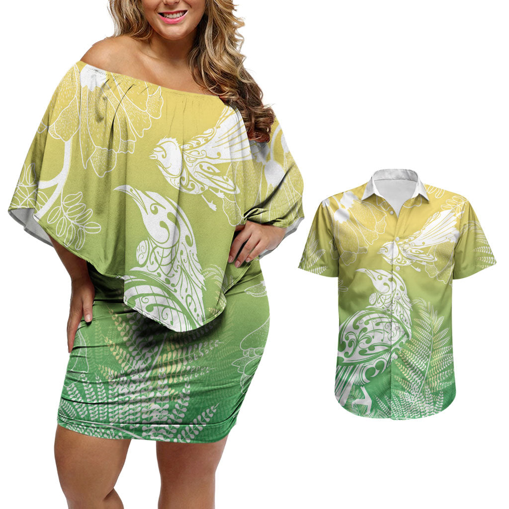 Aotearoa Maori Mahuru Tui With Pikawakawa Couples Matching Off Shoulder Short Dress and Hawaiian Shirt Spring Time LT7 Green - Polynesian Pride