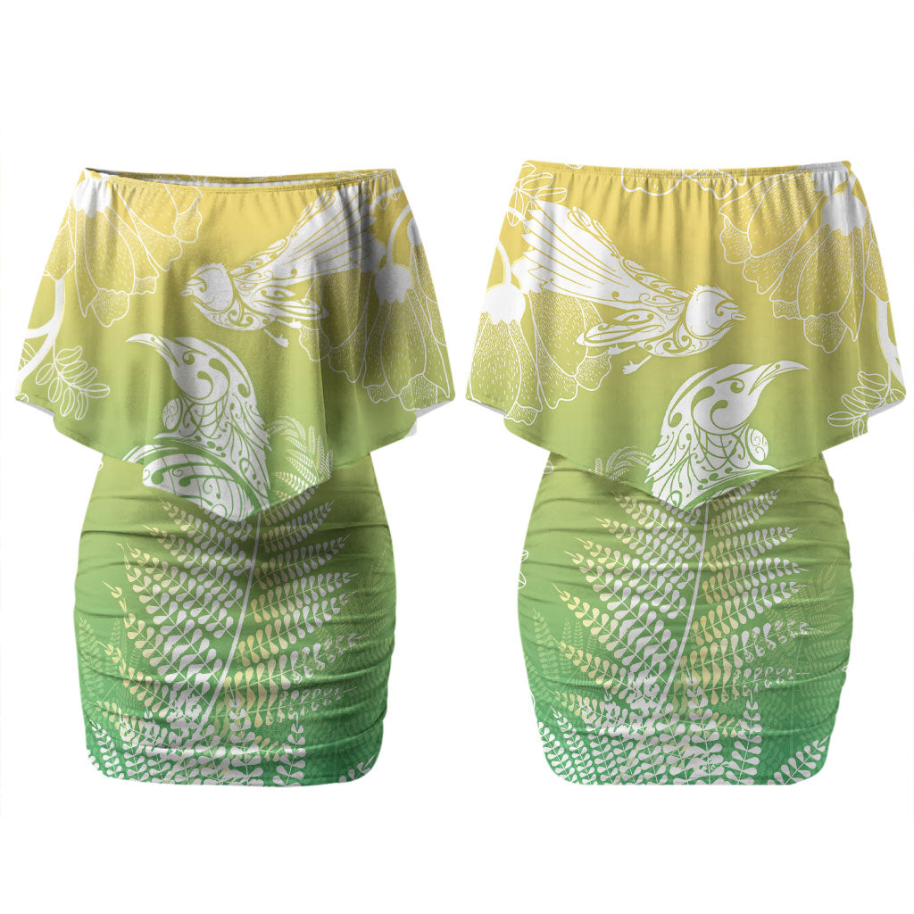 Aotearoa Maori Mahuru Tui With Pikawakawa Couples Matching Off Shoulder Short Dress and Long Sleeve Button Shirt Spring Time LT7 - Polynesian Pride
