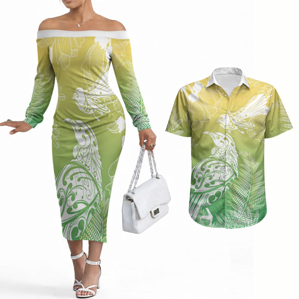 Aotearoa Maori Mahuru Tui With Pikawakawa Couples Matching Off The Shoulder Long Sleeve Dress and Hawaiian Shirt Spring Time LT7 Green - Polynesian Pride