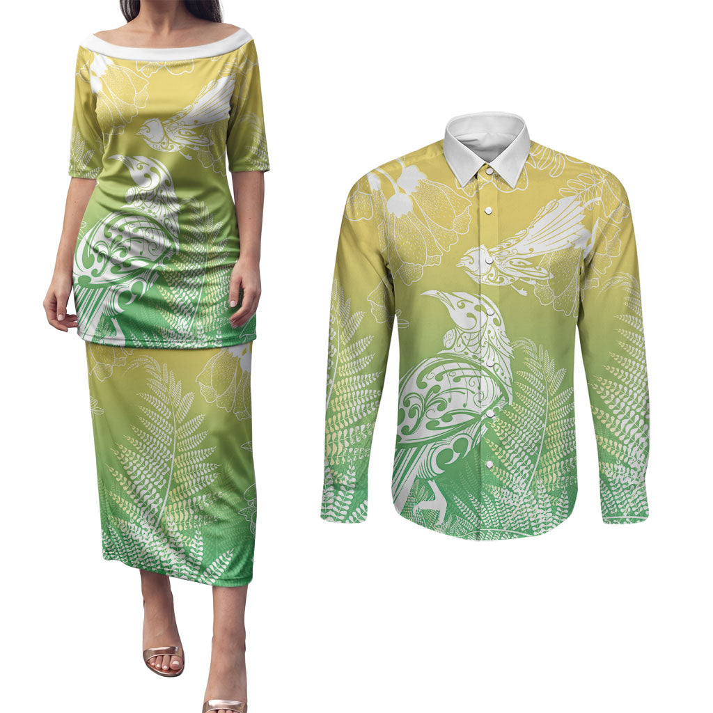 Aotearoa Maori Mahuru Tui With Pikawakawa Couples Matching Puletasi and Long Sleeve Button Shirt Spring Time LT7 Green - Polynesian Pride