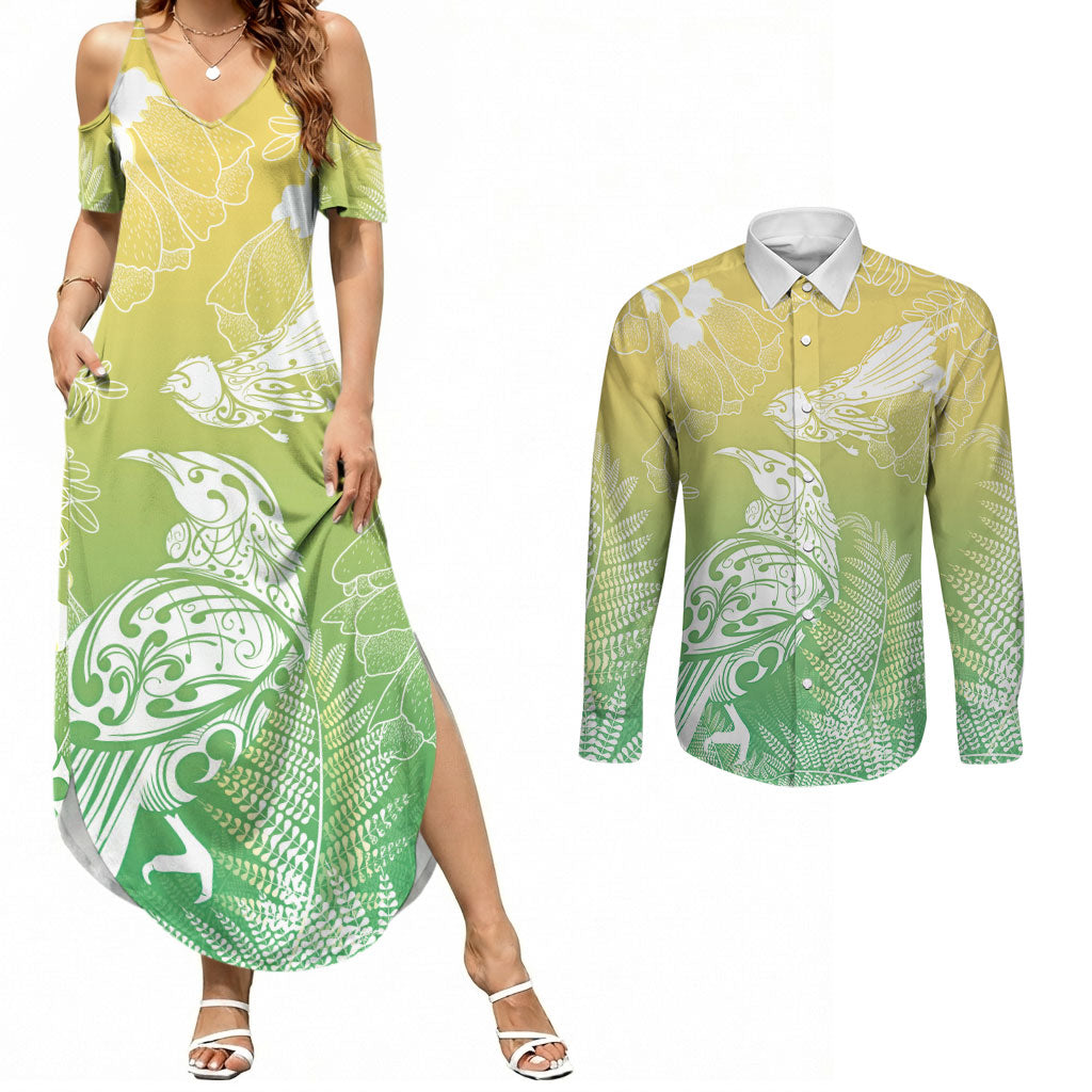 Aotearoa Maori Mahuru Tui With Pikawakawa Couples Matching Summer Maxi Dress and Long Sleeve Button Shirt Spring Time LT7 Green - Polynesian Pride