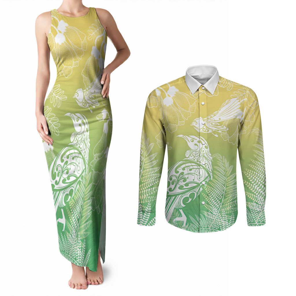 Aotearoa Maori Mahuru Tui With Pikawakawa Couples Matching Tank Maxi Dress and Long Sleeve Button Shirt Spring Time LT7 Green - Polynesian Pride
