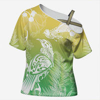 Aotearoa Maori Mahuru Tui With Pikawakawa Cross Shoulder Shirt Spring Time LT7 Female Green - Polynesian Pride