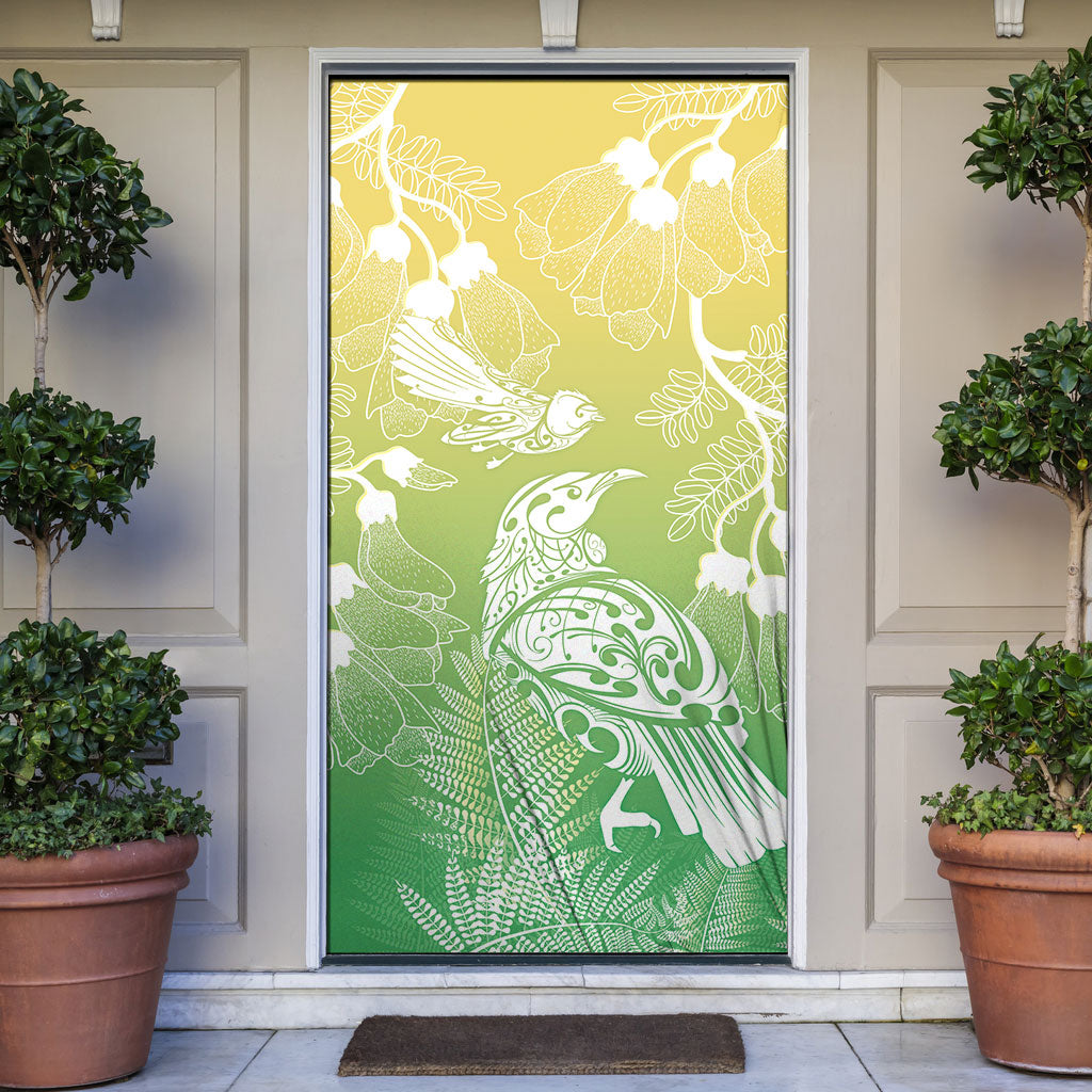Aotearoa Maori Mahuru Tui With Pikawakawa Door Cover Spring Time LT7 Green - Polynesian Pride