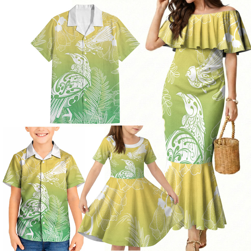 Aotearoa Maori Mahuru Tui With Pikawakawa Family Matching Mermaid Dress and Hawaiian Shirt Spring Time LT7 - Polynesian Pride