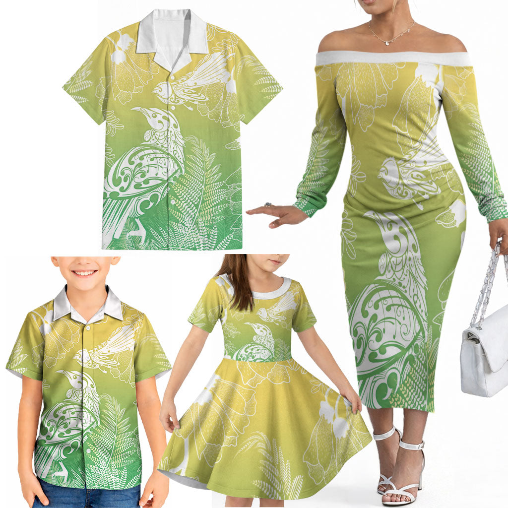 Aotearoa Maori Mahuru Tui With Pikawakawa Family Matching Off The Shoulder Long Sleeve Dress and Hawaiian Shirt Spring Time LT7 - Polynesian Pride