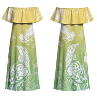 Aotearoa Maori Mahuru Tui With Pikawakawa Family Matching Off Shoulder Maxi Dress and Hawaiian Shirt Spring Time LT7 Mom's Dress Green - Polynesian Pride