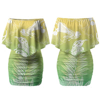 Aotearoa Maori Mahuru Tui With Pikawakawa Family Matching Off Shoulder Short Dress and Hawaiian Shirt Spring Time LT7 Mom's Dress Green - Polynesian Pride