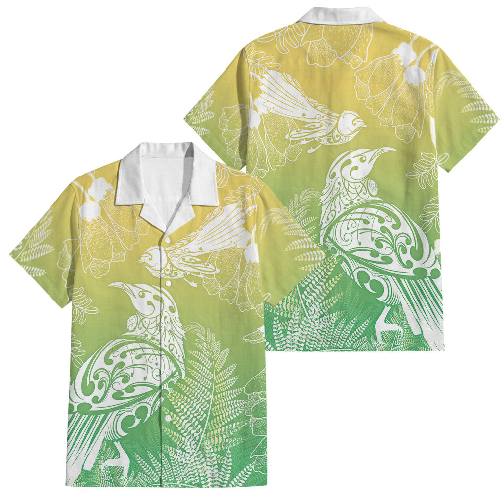 Aotearoa Maori Mahuru Tui With Pikawakawa Family Matching Off Shoulder Short Dress and Hawaiian Shirt Spring Time LT7 Dad's Shirt - Short Sleeve Green - Polynesian Pride