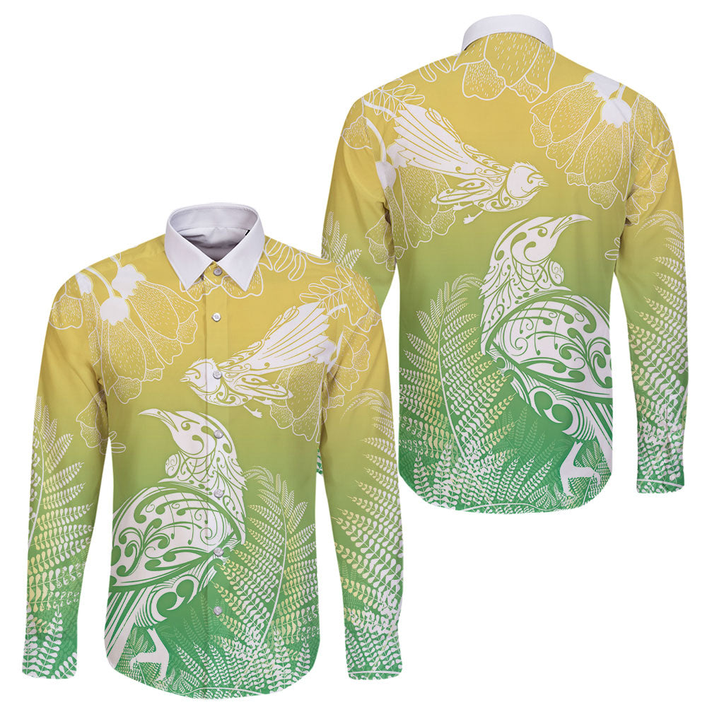Aotearoa Maori Mahuru Tui With Pikawakawa Family Matching Summer Maxi Dress and Hawaiian Shirt Spring Time LT7 Dad's Shirt - Long Sleeve Green - Polynesian Pride