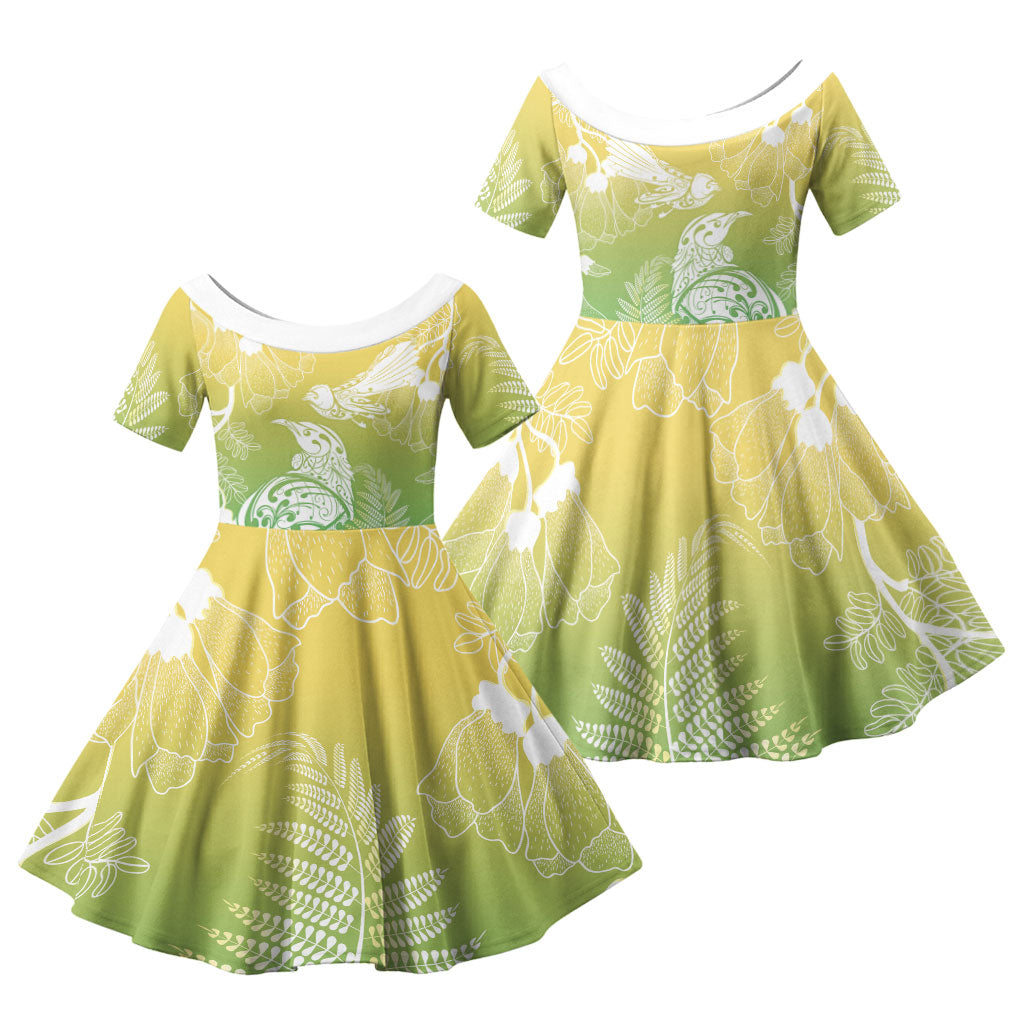 Aotearoa Maori Mahuru Tui With Pikawakawa Family Matching Summer Maxi Dress and Hawaiian Shirt Spring Time LT7 Daughter's Dress Green - Polynesian Pride