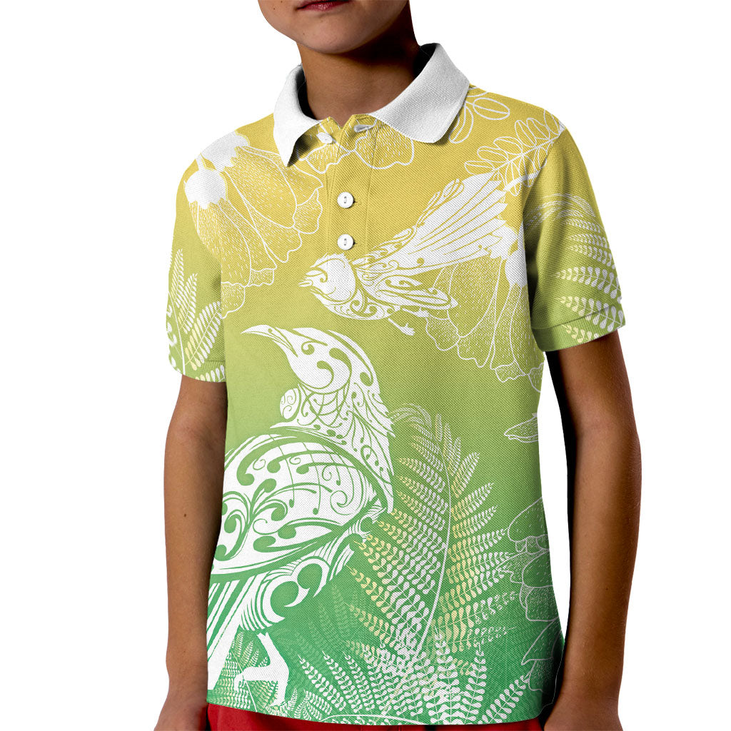 Aotearoa Maori Mahuru Tui With Pikawakawa Kid Polo Shirt Spring Time LT7 Kid Green - Polynesian Pride