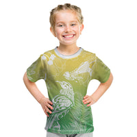 Aotearoa Maori Mahuru Tui With Pikawakawa Kid T Shirt Spring Time LT7 Green - Polynesian Pride