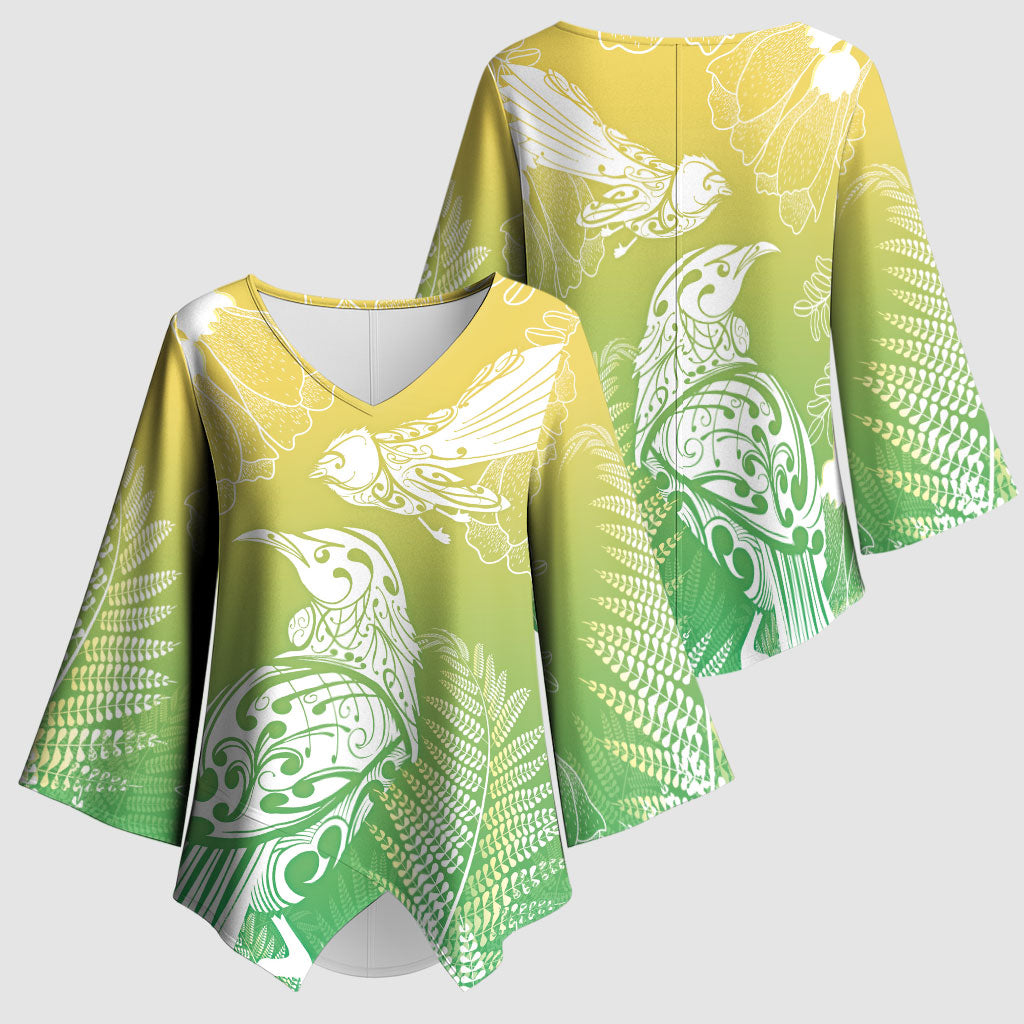 Aotearoa Maori Mahuru Tui With Pikawakawa Kimono Sleeve Blouse Spring Time LT7 - Polynesian Pride