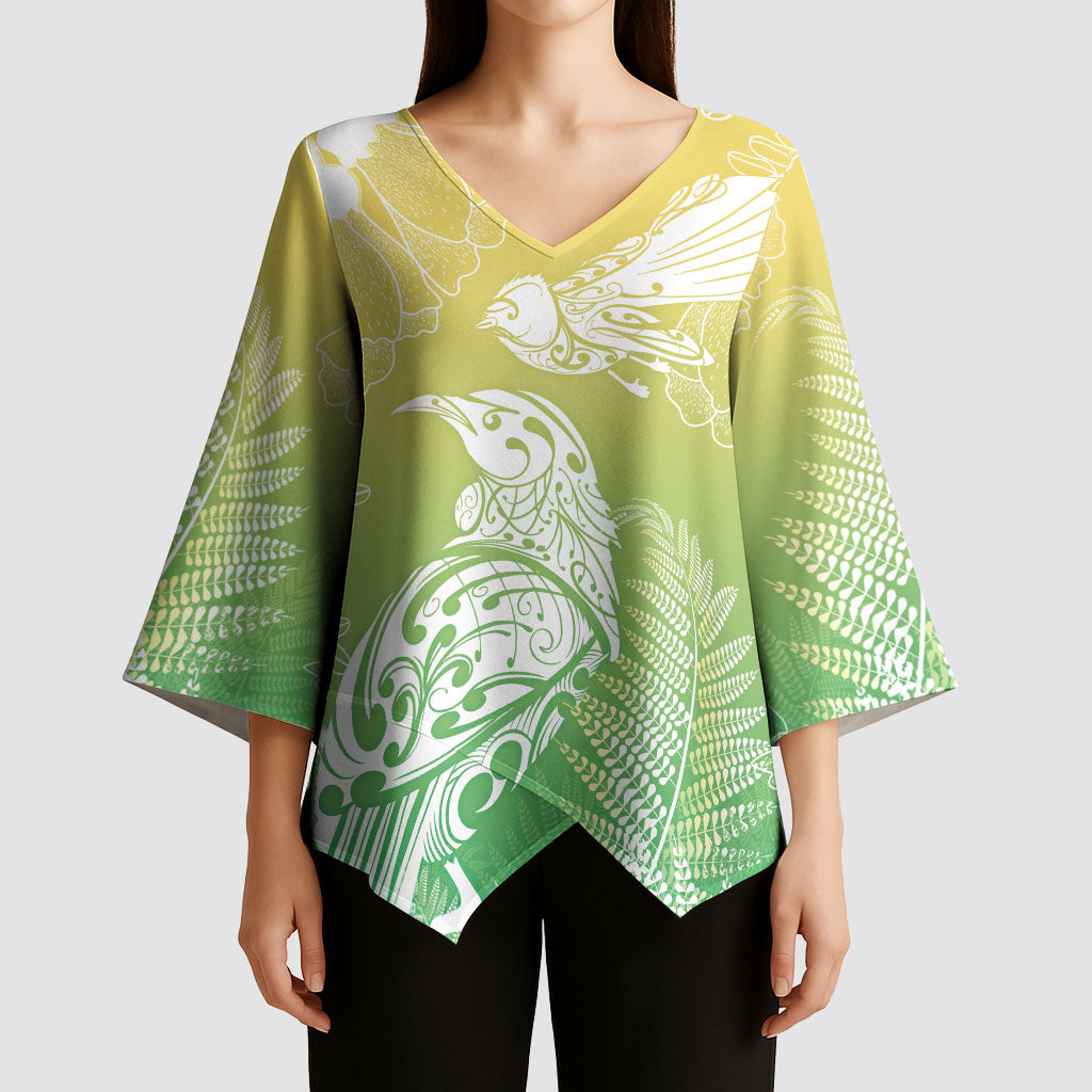 Aotearoa Maori Mahuru Tui With Pikawakawa Kimono Sleeve Blouse Spring Time LT7 - Polynesian Pride