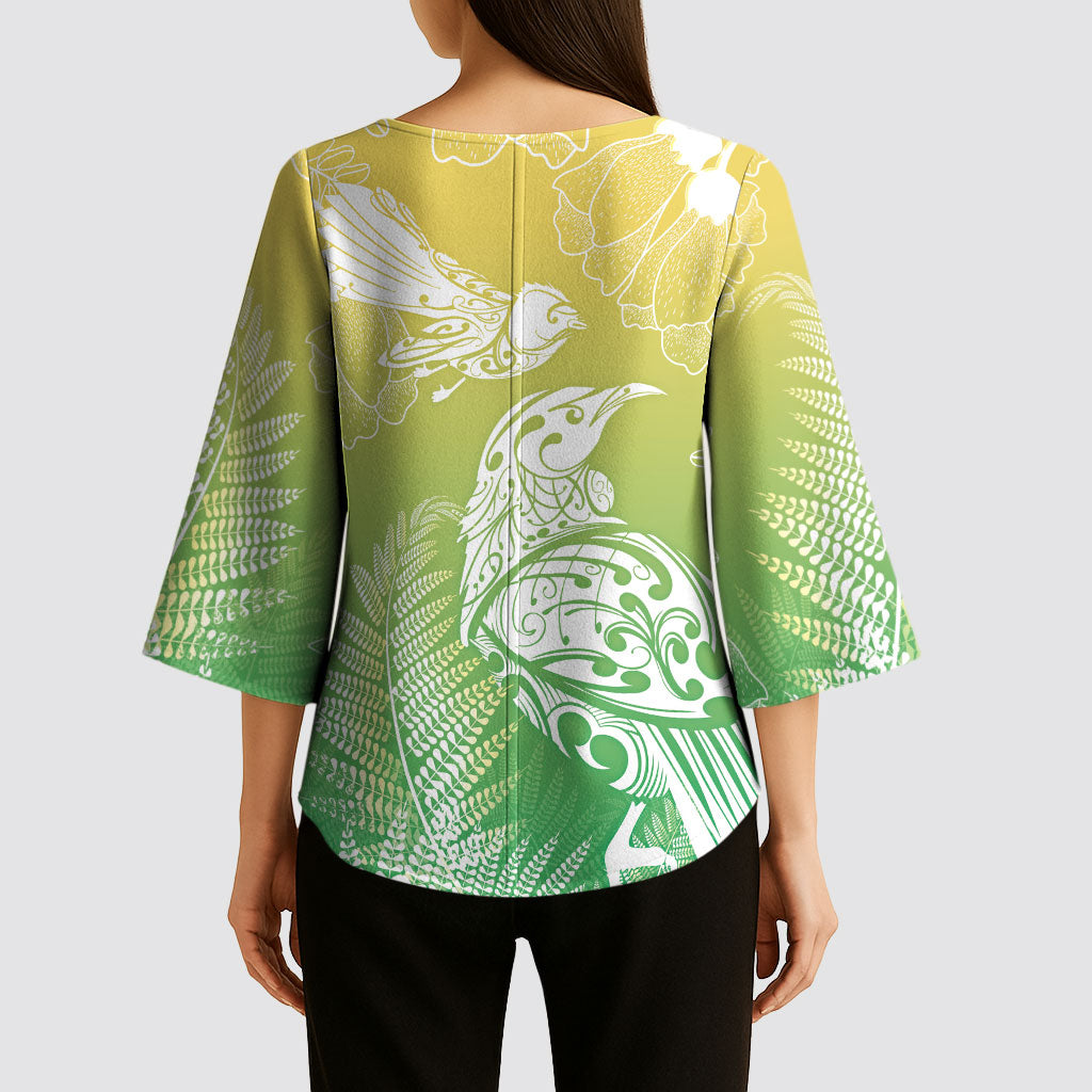 Aotearoa Maori Mahuru Tui With Pikawakawa Kimono Sleeve Blouse Spring Time LT7 - Polynesian Pride