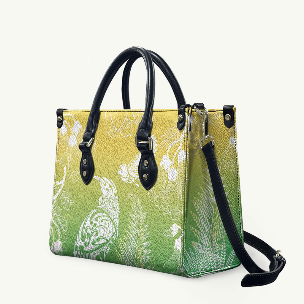 Aotearoa Maori Mahuru Tui With Pikawakawa Leather Bag Spring Time LT7 Green - Polynesian Pride