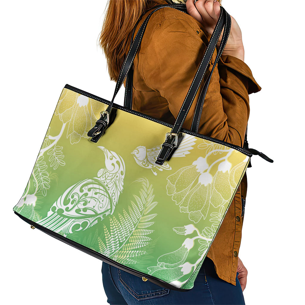 Aotearoa Maori Mahuru Tui With Pikawakawa Leather Tote Bag Spring Time LT7 - Polynesian Pride