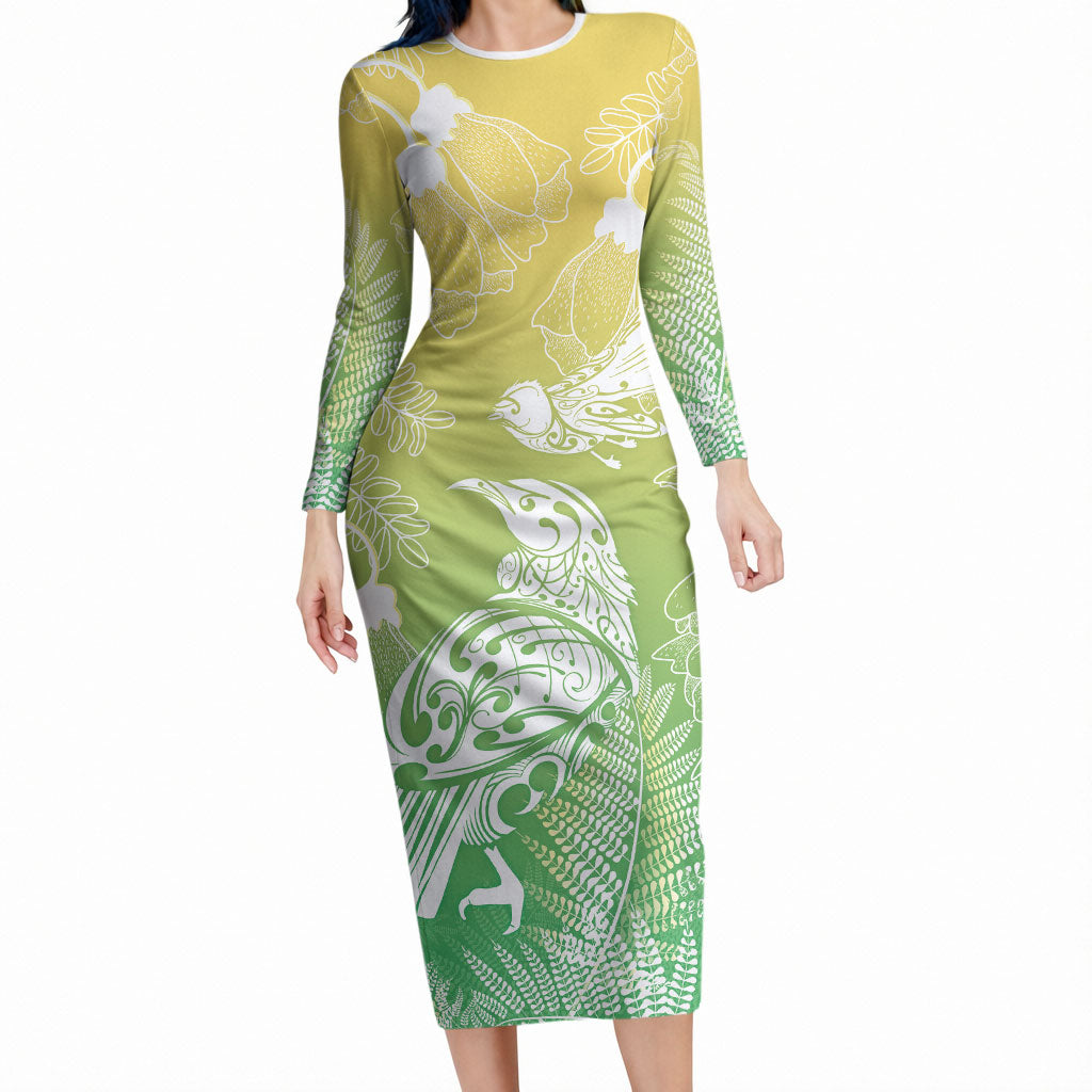 Aotearoa Maori Mahuru Tui With Pikawakawa Long Sleeve Bodycon Dress Spring Time LT7 Long Dress Green - Polynesian Pride