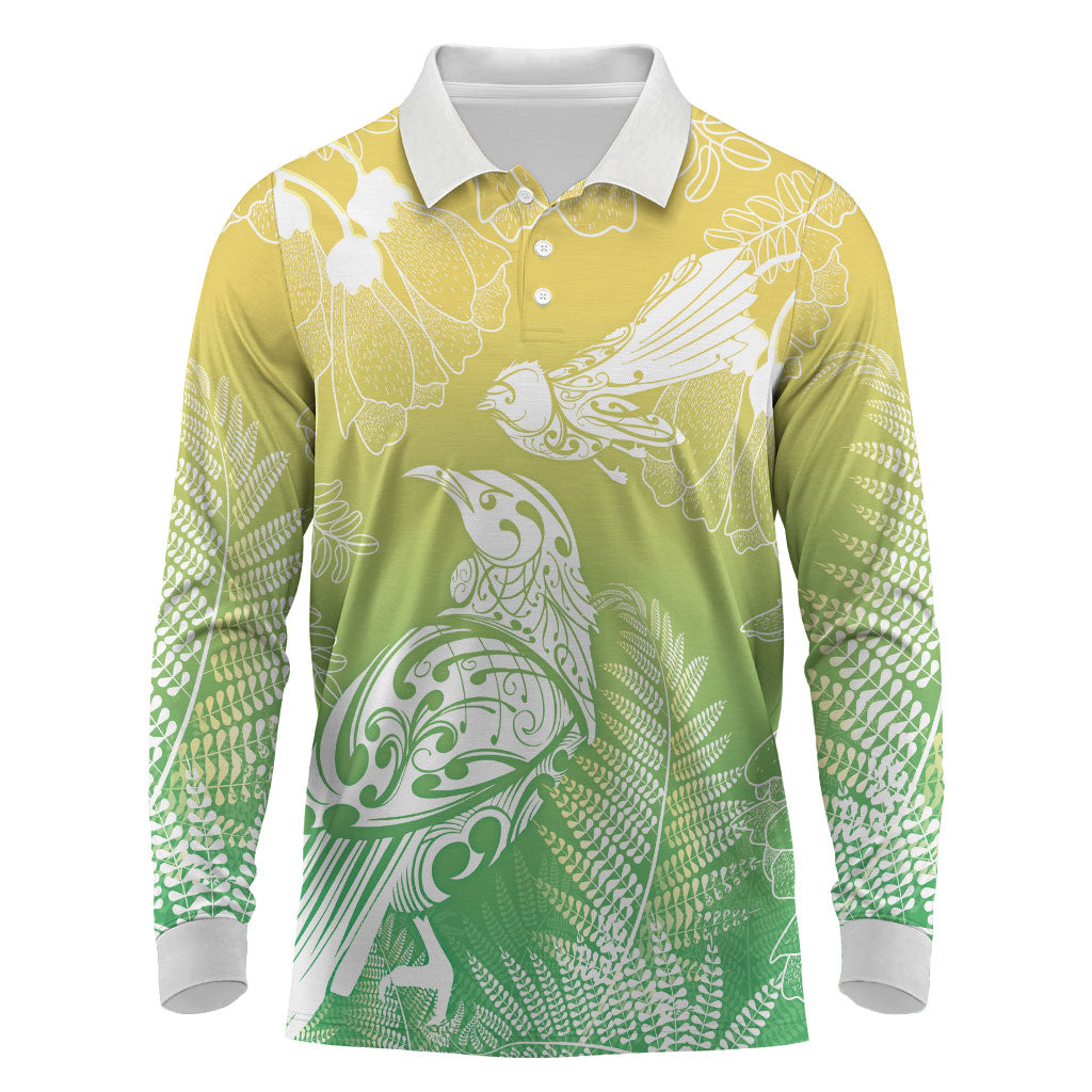 Aotearoa Maori Mahuru Tui With Pikawakawa Long Sleeve Polo Shirt Spring Time LT7 Green - Polynesian Pride