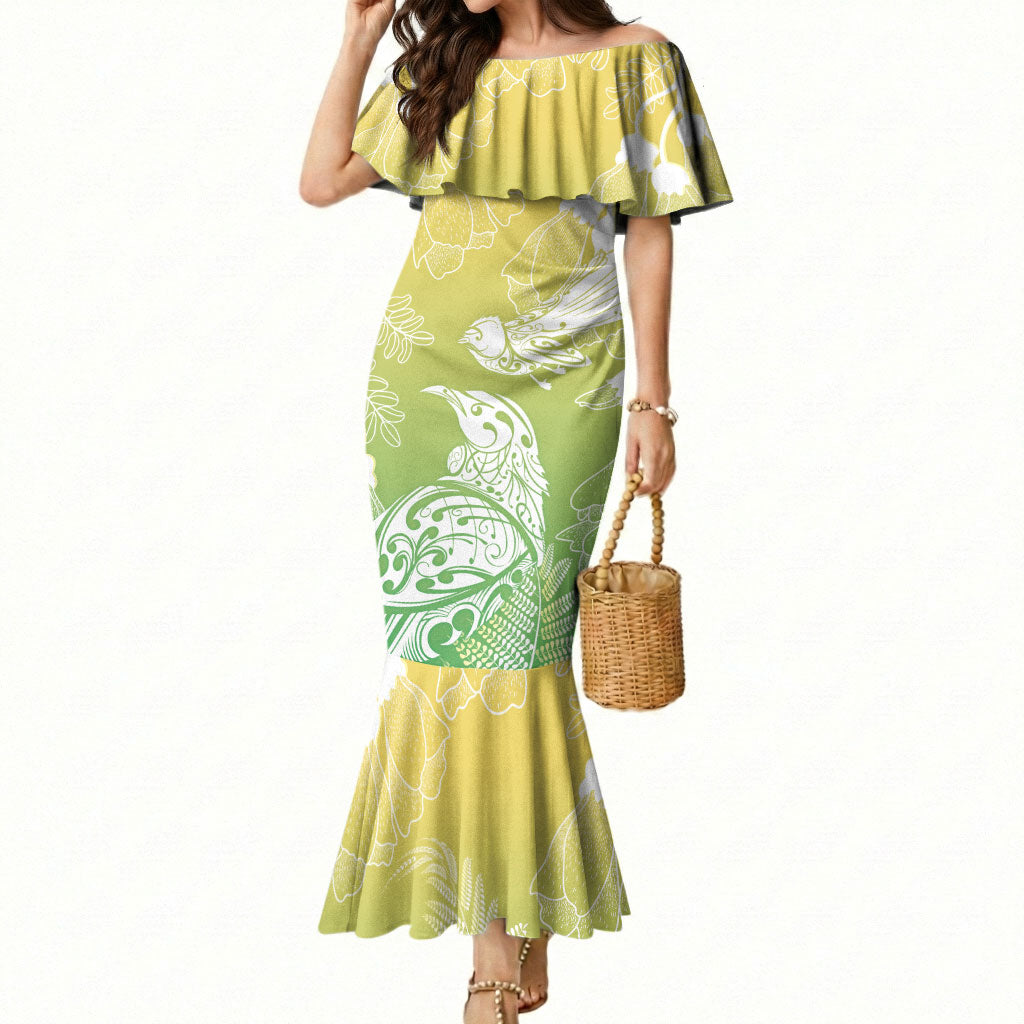 Aotearoa Maori Mahuru Tui With Pikawakawa Mermaid Dress Spring Time LT7 Women Green - Polynesian Pride