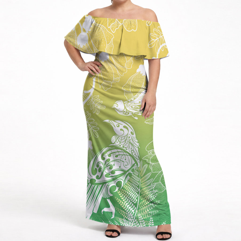 Aotearoa Maori Mahuru Tui With Pikawakawa Off Shoulder Maxi Dress Spring Time LT7 Women Green - Polynesian Pride