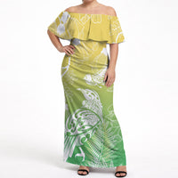 Aotearoa Maori Mahuru Tui With Pikawakawa Off Shoulder Maxi Dress Spring Time LT7 Women Green - Polynesian Pride