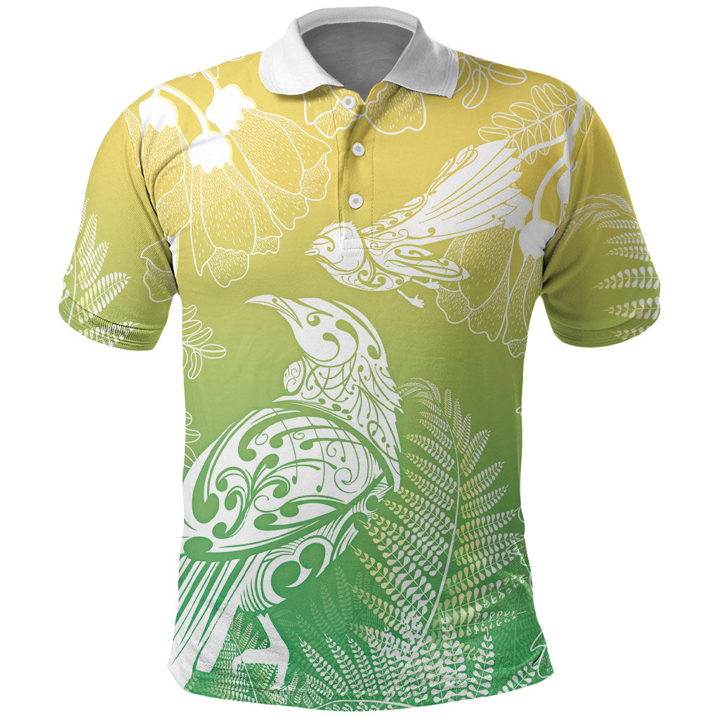 Aotearoa Maori Mahuru Tui With Pikawakawa Polo Shirt Spring Time LT7 Green - Polynesian Pride