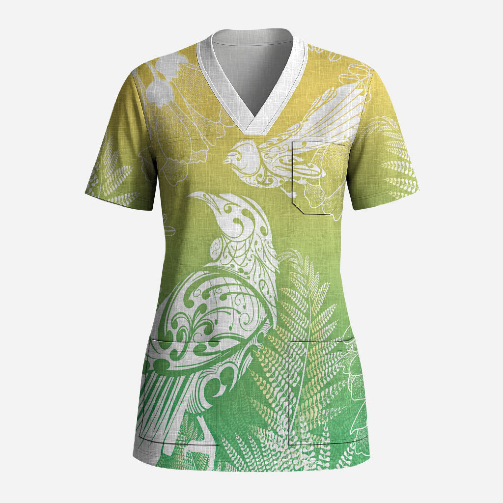 Aotearoa Maori Mahuru Tui With Pikawakawa Scrub Top Spring Time LT7 Adult Green - Polynesian Pride