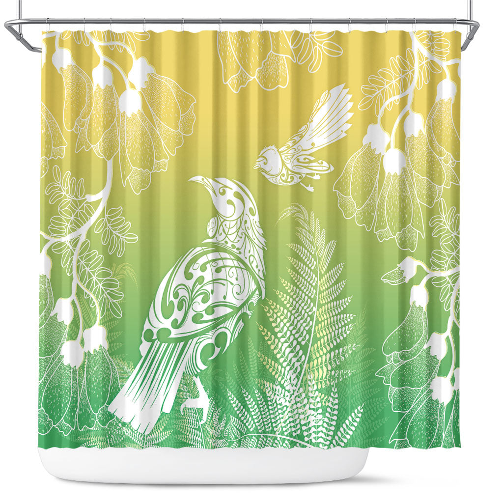 Aotearoa Maori Mahuru Tui With Pikawakawa Shower Curtain Spring Time LT7 Green - Polynesian Pride