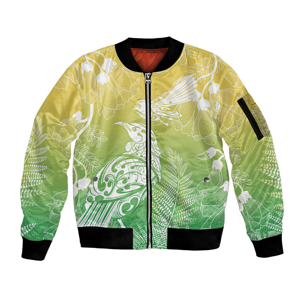 Aotearoa Maori Mahuru Tui With Pikawakawa Sleeve Zip Bomber Jacket Spring Time LT7 Unisex Green - Polynesian Pride