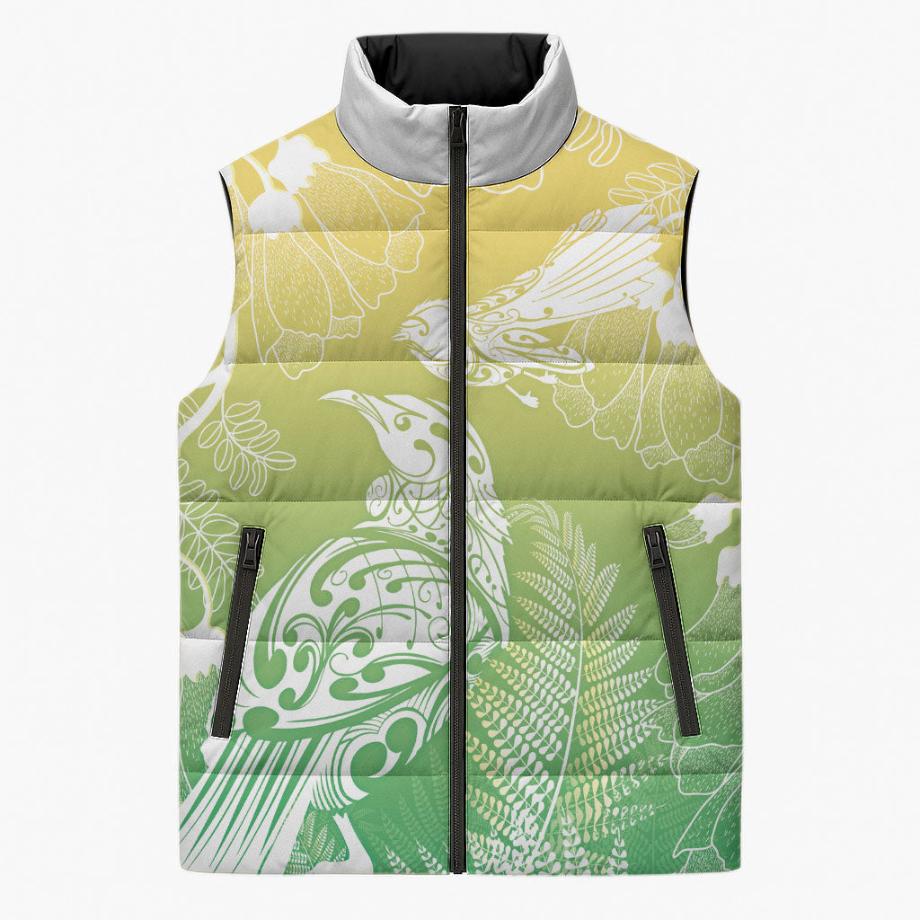 Aotearoa Maori Mahuru Tui With Pikawakawa Sleeveless Puffer Jacket Spring Time LT7 Unisex Green - Polynesian Pride