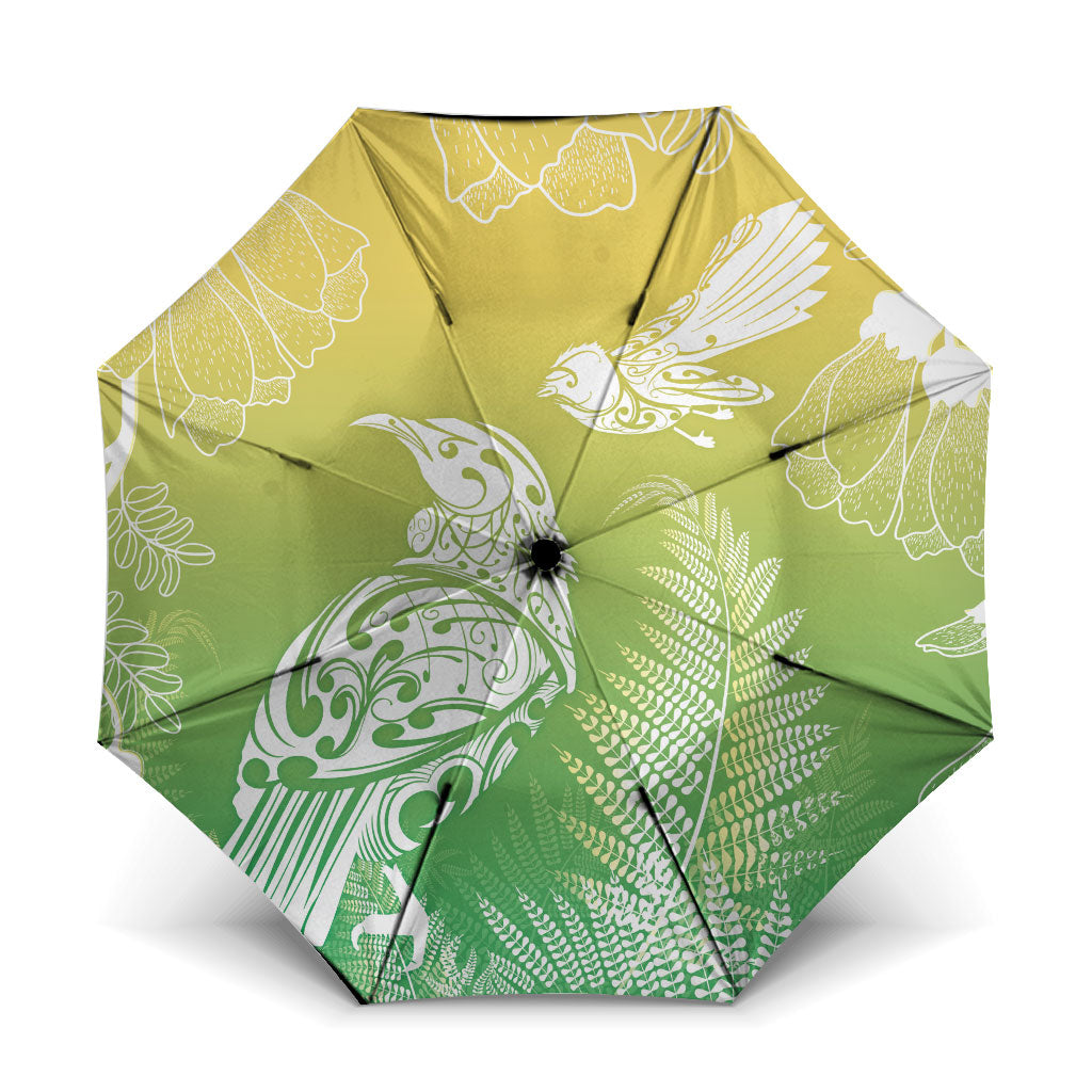 Aotearoa Maori Mahuru Tui With Pikawakawa Umbrella Spring Time LT7 One Size Folded 11.42 inch Opened Diameter 37.4 inch Green - Polynesian Pride