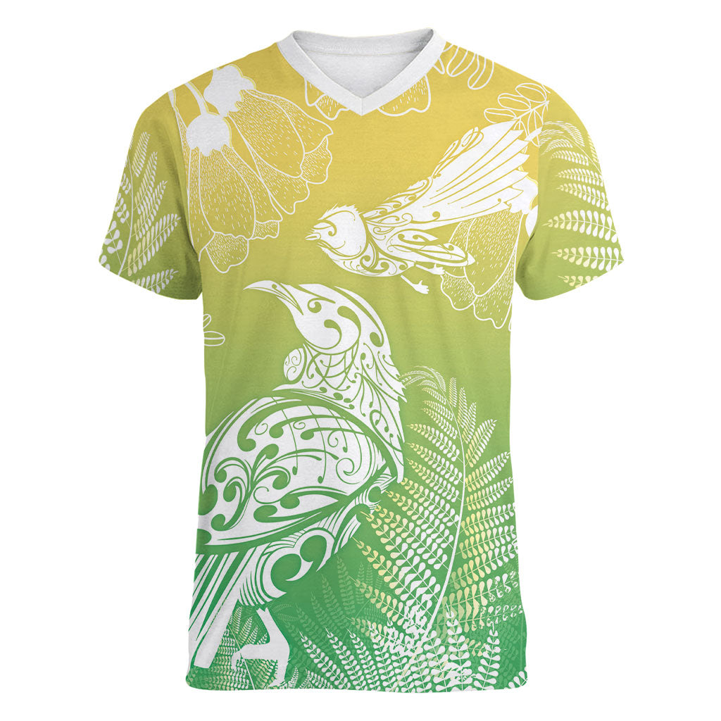 Aotearoa Maori Mahuru Tui With Pikawakawa Women V-Neck T-Shirt Spring Time LT7 Female Green - Polynesian Pride