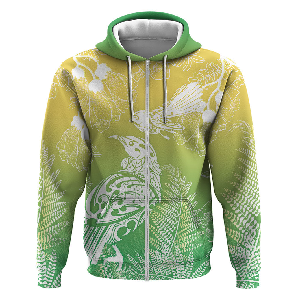 Aotearoa Maori Mahuru Tui With Pikawakawa Zip Hoodie Spring Time LT7 Zip Hoodie Green - Polynesian Pride