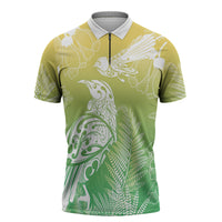 Aotearoa Maori Mahuru Tui With Pikawakawa Zipper Polo Shirt Spring Time LT7 Green - Polynesian Pride