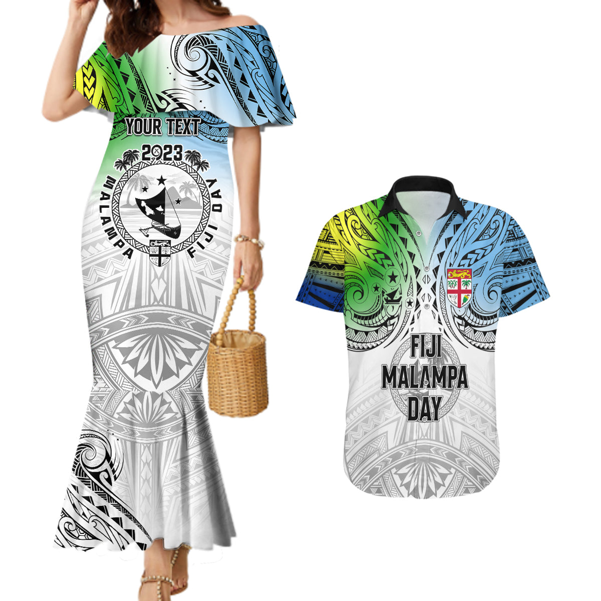 personalised-malampa-fiji-day-couples-matching-mermaid-dress-and-hawaiian-shirt-gradient-style