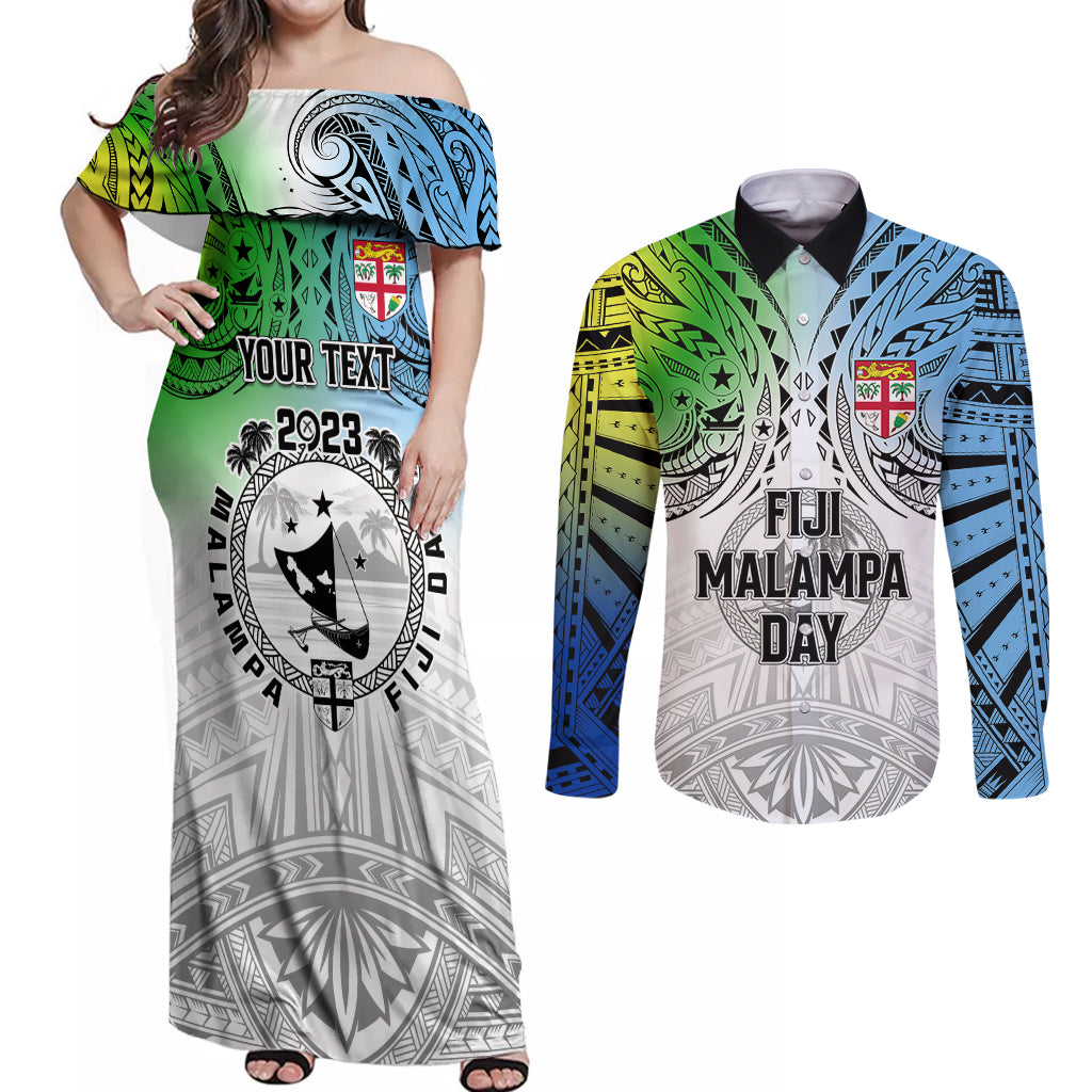 personalised-malampa-fiji-day-couples-matching-off-shoulder-maxi-dress-and-long-sleeve-button-shirts-gradient-style