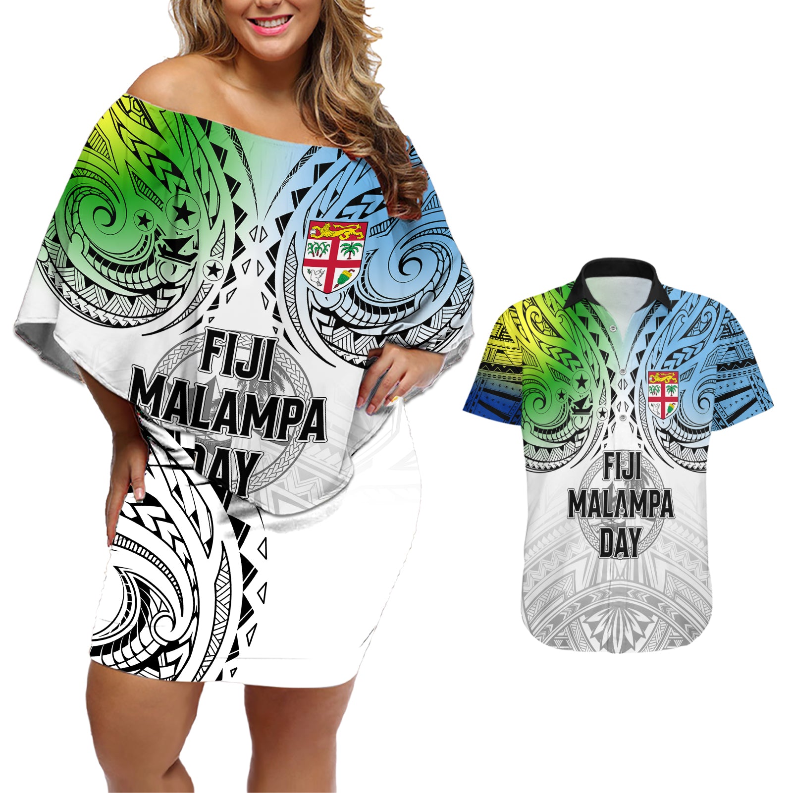 personalised-malampa-fiji-day-couples-matching-off-shoulder-short-dress-and-hawaiian-shirt-gradient-style