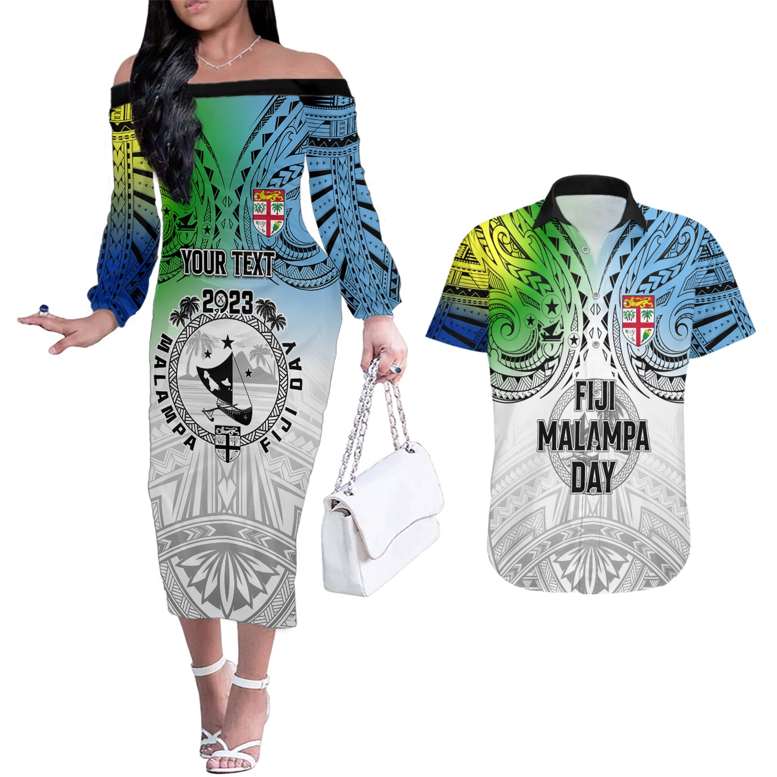 personalised-malampa-fiji-day-couples-matching-off-the-shoulder-long-sleeve-dress-and-hawaiian-shirt-gradient-style