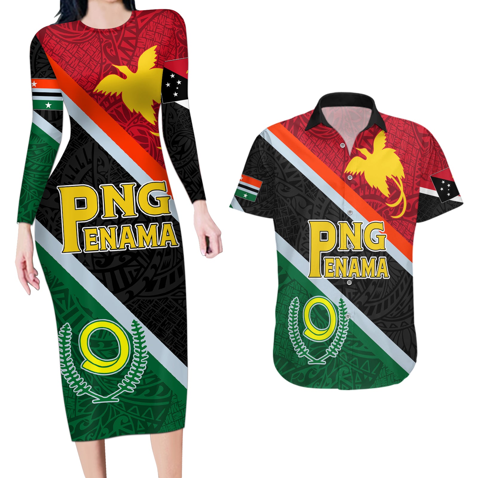 Personalised Penama and Papua New Guinea Day Couples Matching Long Sleeve Bodycon Dress and Hawaiian Shirt Emblem Mix Style LT7 Colorful - Polynesian Pride