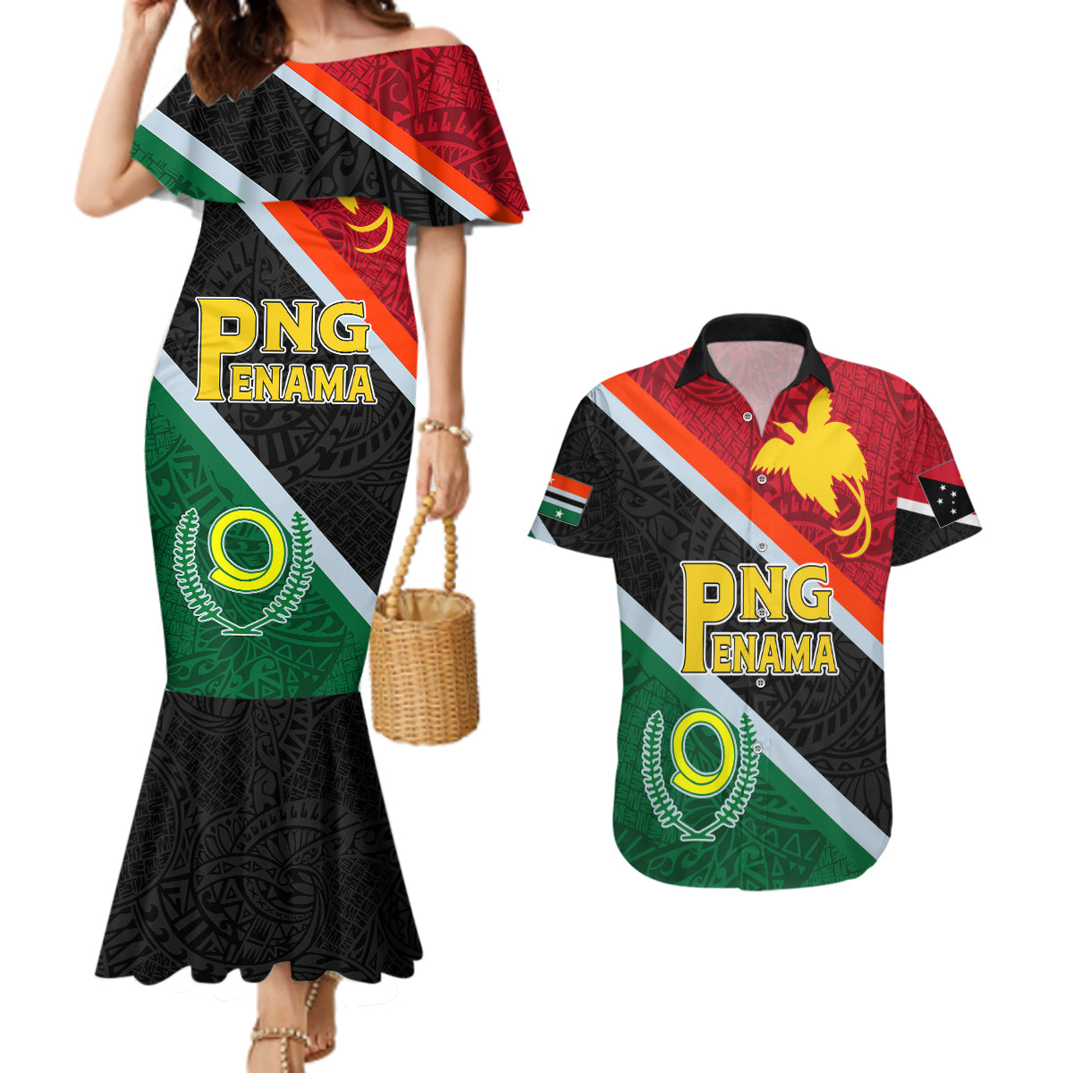 personalised-penama-and-papua-new-guinea-day-couples-matching-mermaid-dress-and-hawaiian-shirt-emblem-mix-style