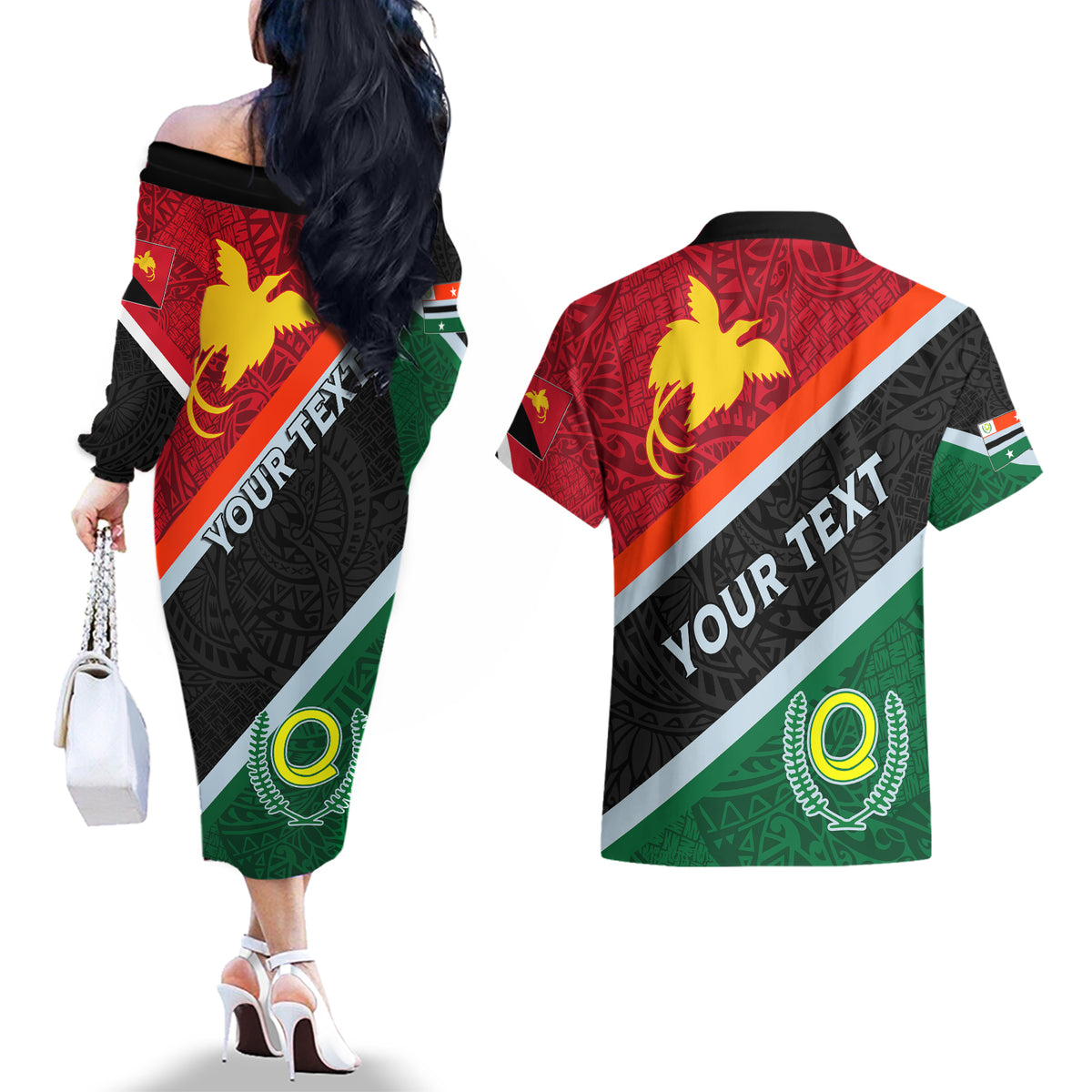 personalised-penama-and-papua-new-guinea-day-couples-matching-off-the-shoulder-long-sleeve-dress-and-hawaiian-shirt-emblem-mix-style