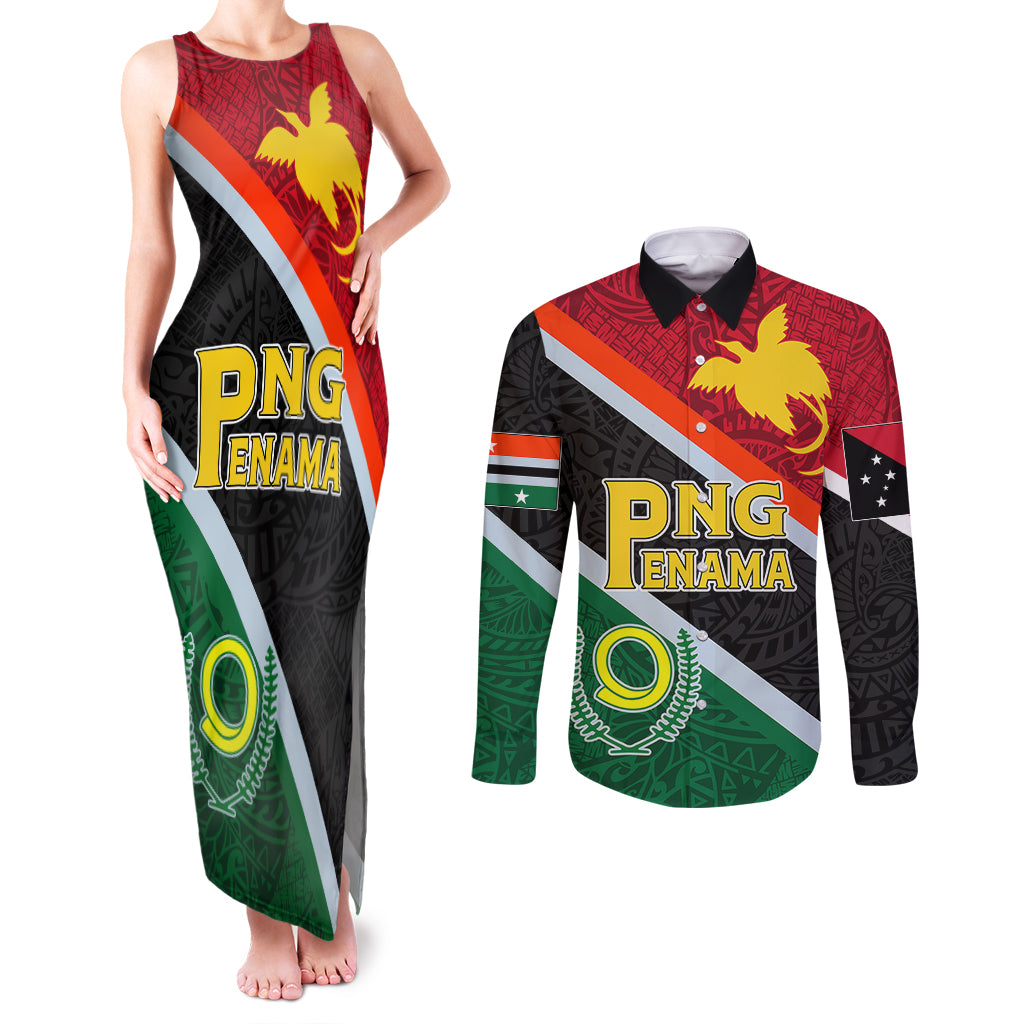 Personalised Penama and Papua New Guinea Day Couples Matching Tank Maxi Dress and Long Sleeve Button Shirts Emblem Mix Style LT7 Colorful - Polynesian Pride