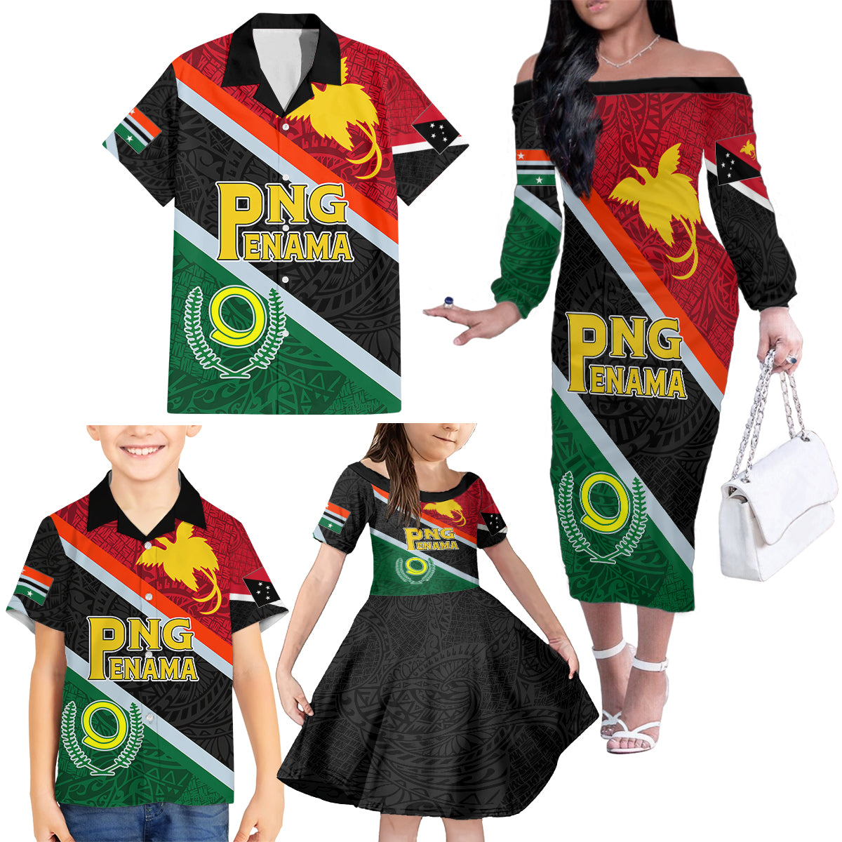 personalised-penama-and-papua-new-guinea-day-family-matching-off-shoulder-long-sleeve-dress-and-hawaiian-shirt-emblem-mix-style