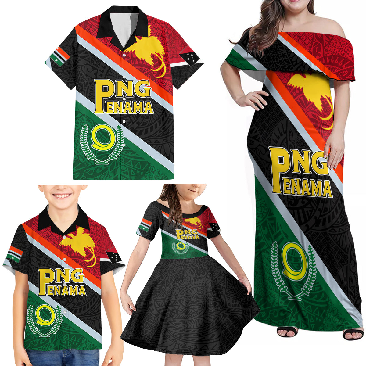 personalised-penama-and-papua-new-guinea-day-family-matching-off-shoulder-maxi-dress-and-hawaiian-shirt-emblem-mix-style