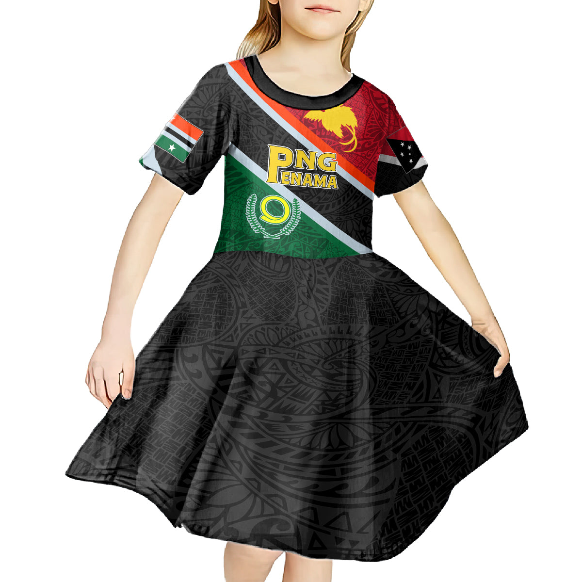 Personalised Penama and Papua New Guinea Day Kid Short Sleeve Dress Emblem Mix Style LT7 - Polynesian Pride
